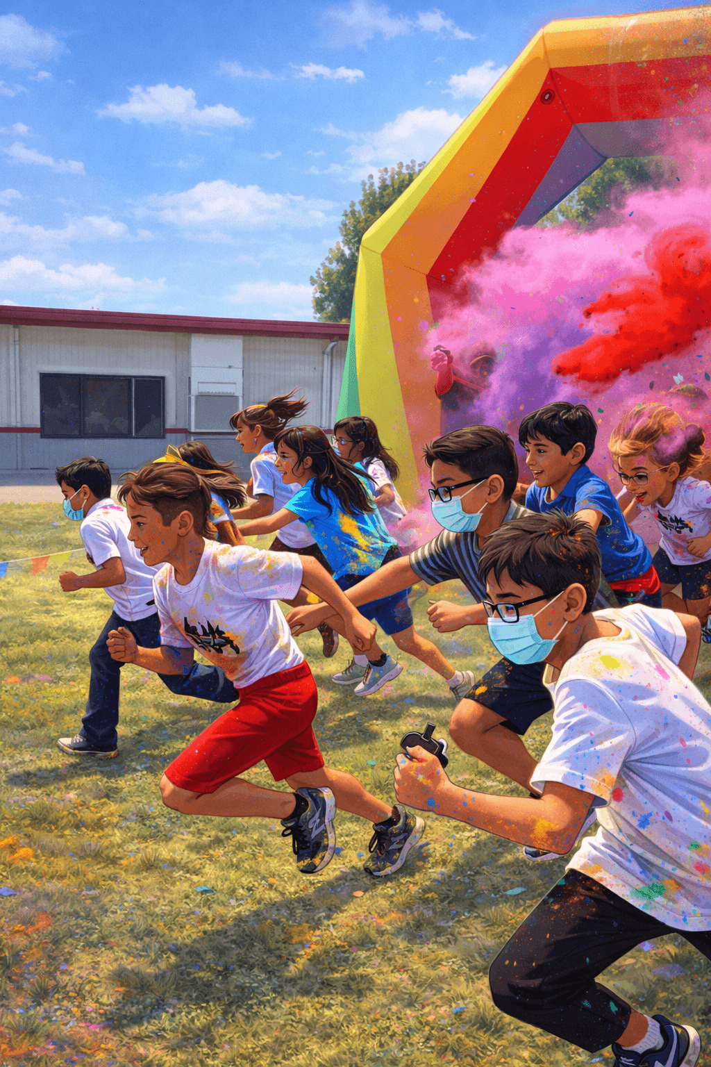 Kids running through color powder arch