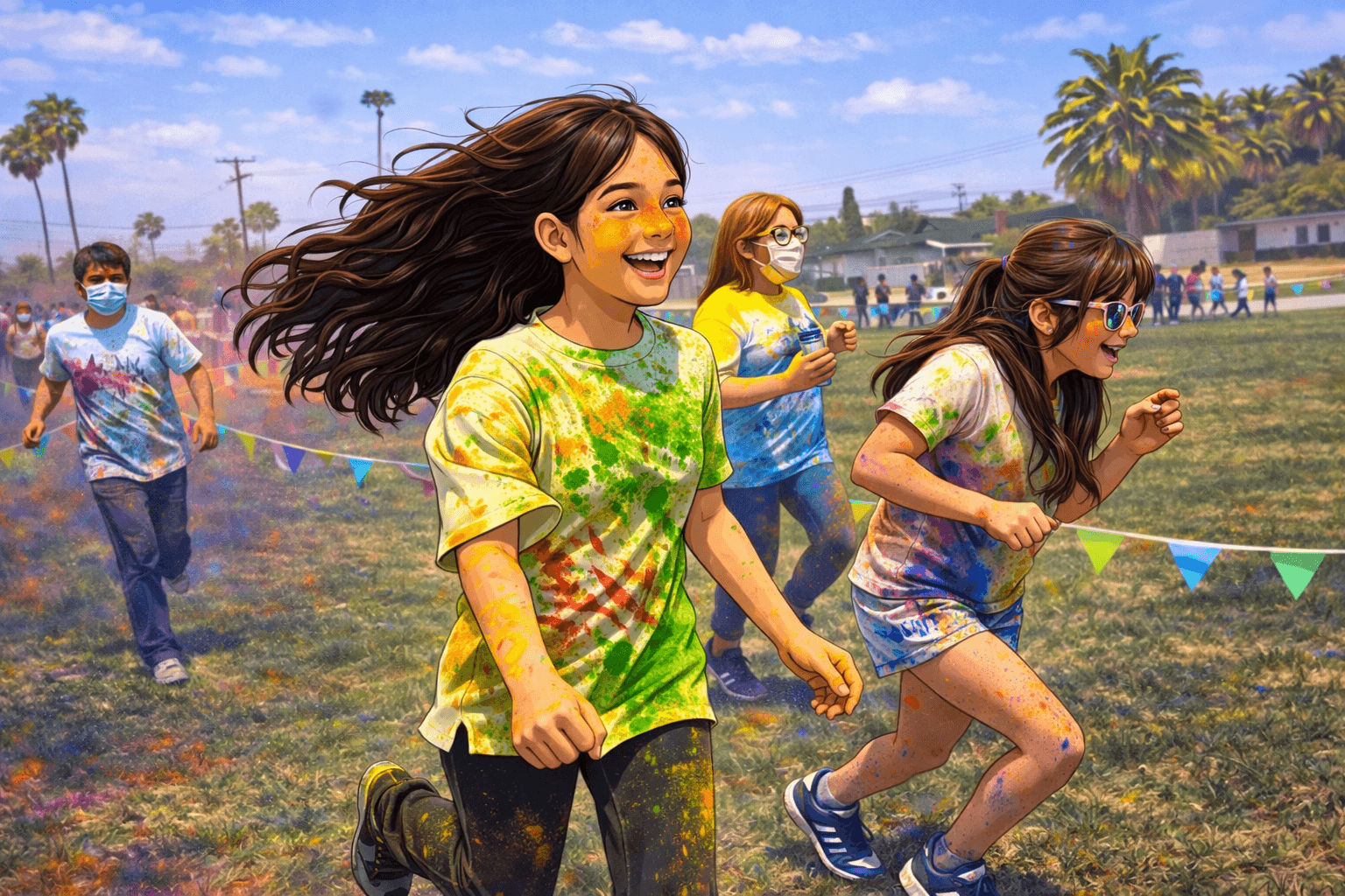 Girls running with tie-dye shirts