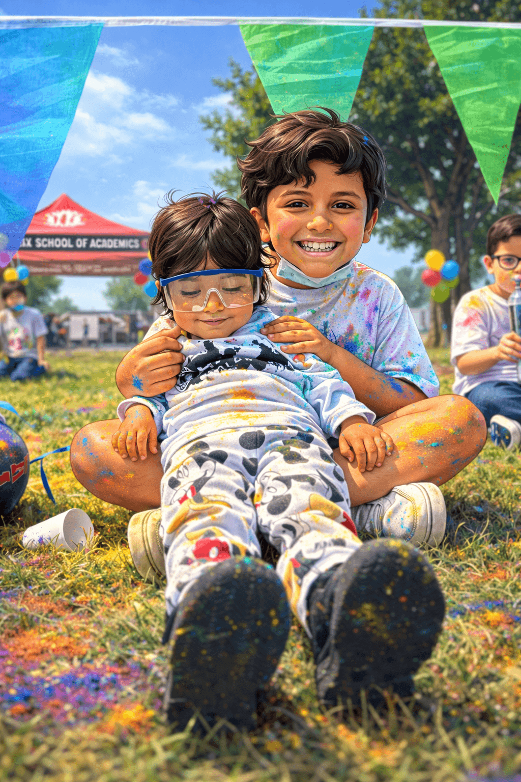 Two boys sitting together covered in paint